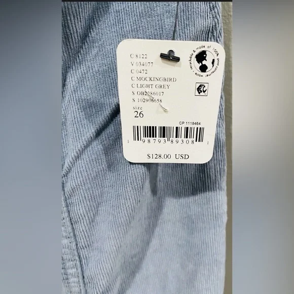 Free People Wide Leg Corduroy Light Grey Pants Size 26 New With Tags - Picture 4 of 6